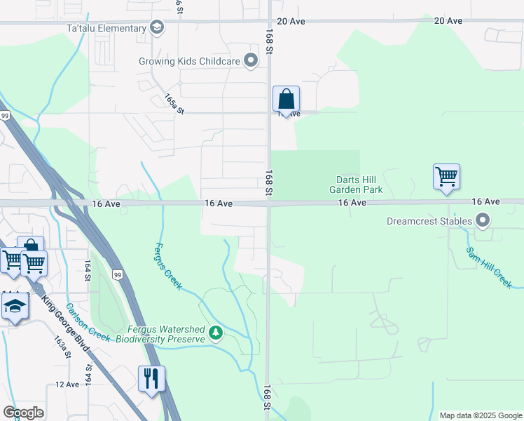 map of restaurants, bars, coffee shops, grocery stores, and more near 1585 168 Street in Surrey