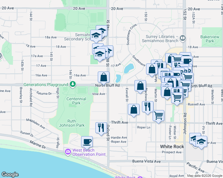 map of restaurants, bars, coffee shops, grocery stores, and more near 14824 North Bluff Road in White Rock