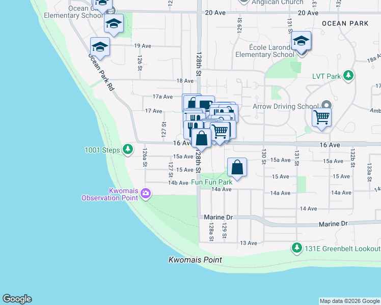 map of restaurants, bars, coffee shops, grocery stores, and more near 12775 15A Avenue in Surrey