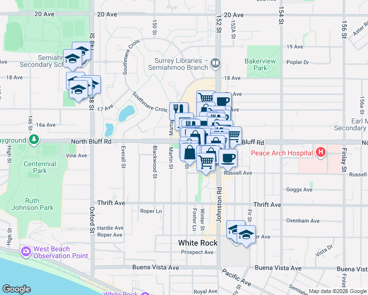 map of restaurants, bars, coffee shops, grocery stores, and more near 1581 Foster Street in White Rock