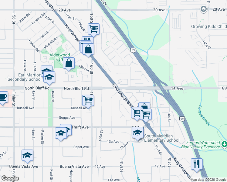 map of restaurants, bars, coffee shops, grocery stores, and more near 16106 16 Avenue in Surrey