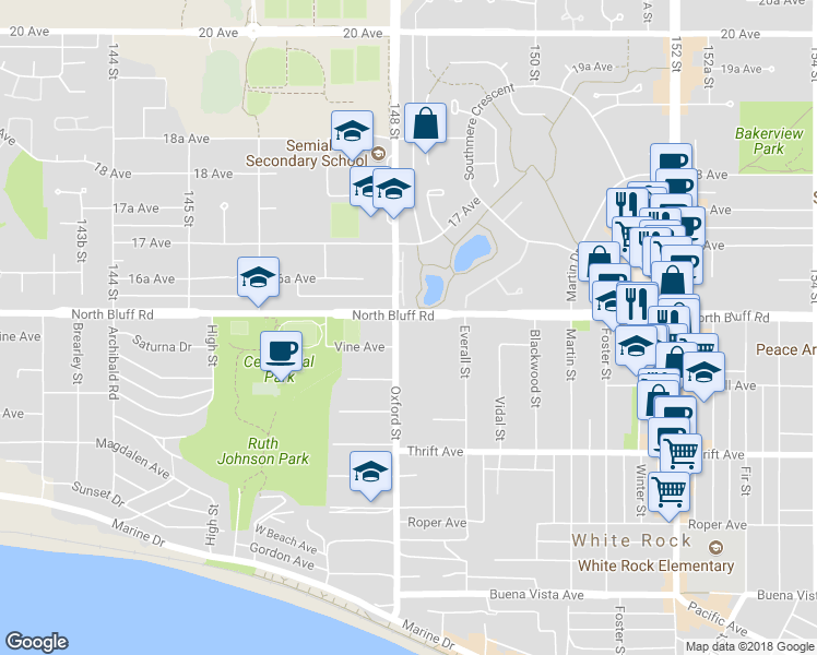 map of restaurants, bars, coffee shops, grocery stores, and more near in White Rock