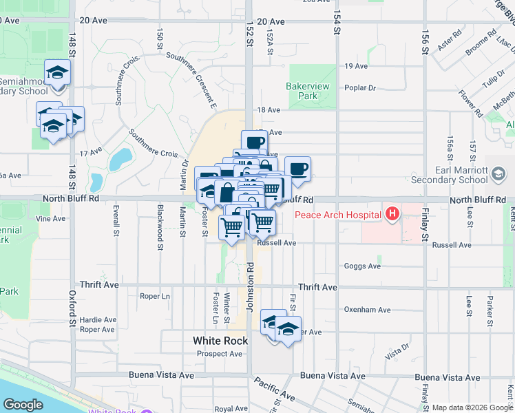 map of restaurants, bars, coffee shops, grocery stores, and more near 1588 Johnston Road in White Rock