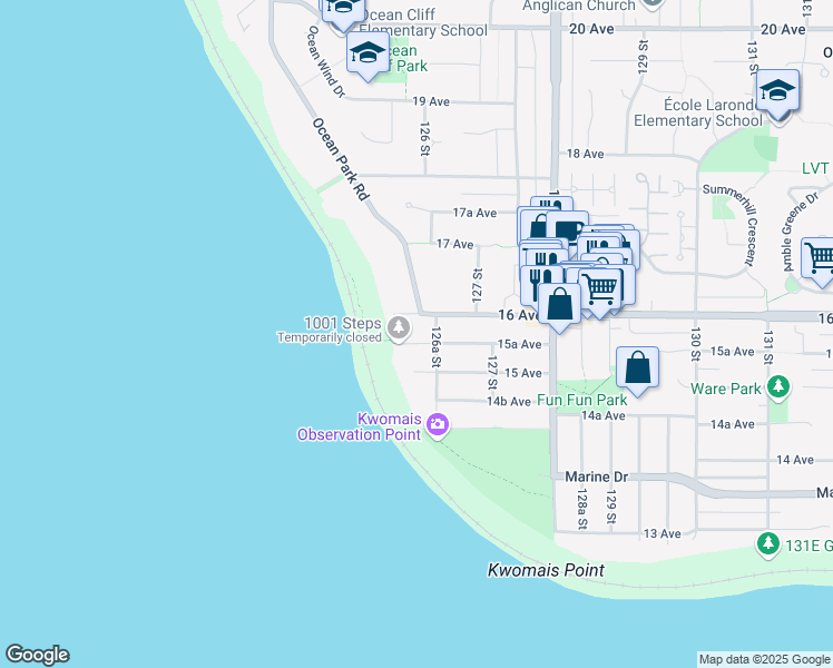 map of restaurants, bars, coffee shops, grocery stores, and more near 12605 15A Avenue in Surrey