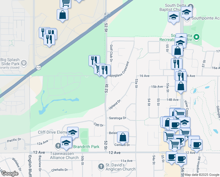 map of restaurants, bars, coffee shops, grocery stores, and more near 5229 Glen Abbey Place in Delta