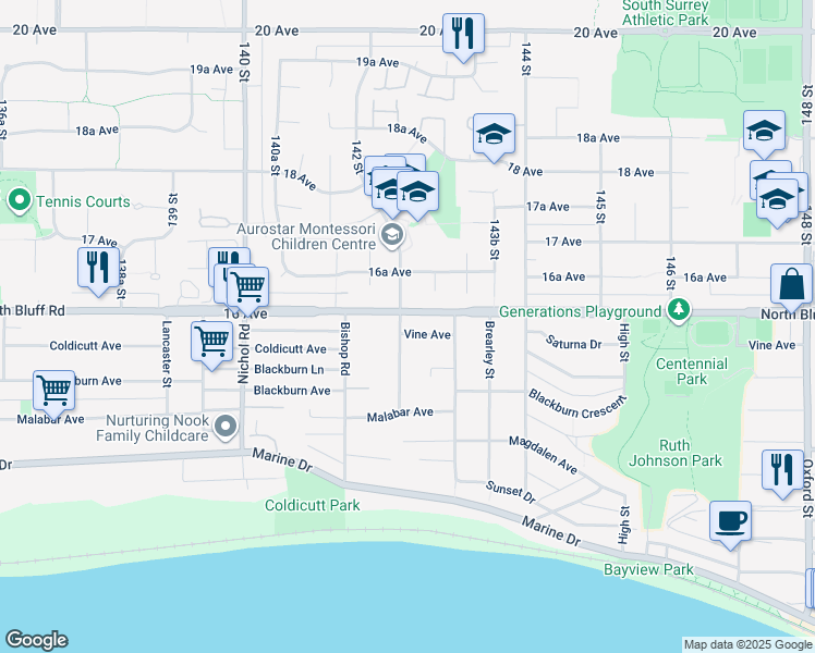 map of restaurants, bars, coffee shops, grocery stores, and more near 1578 Phoenix Street in White Rock