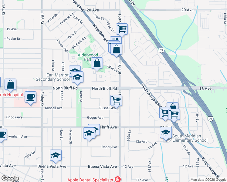 map of restaurants, bars, coffee shops, grocery stores, and more near in Surrey