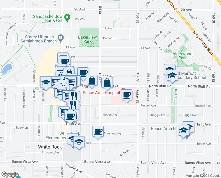 map of restaurants, bars, coffee shops, grocery stores, and more near 15466 North Bluff Road in White Rock