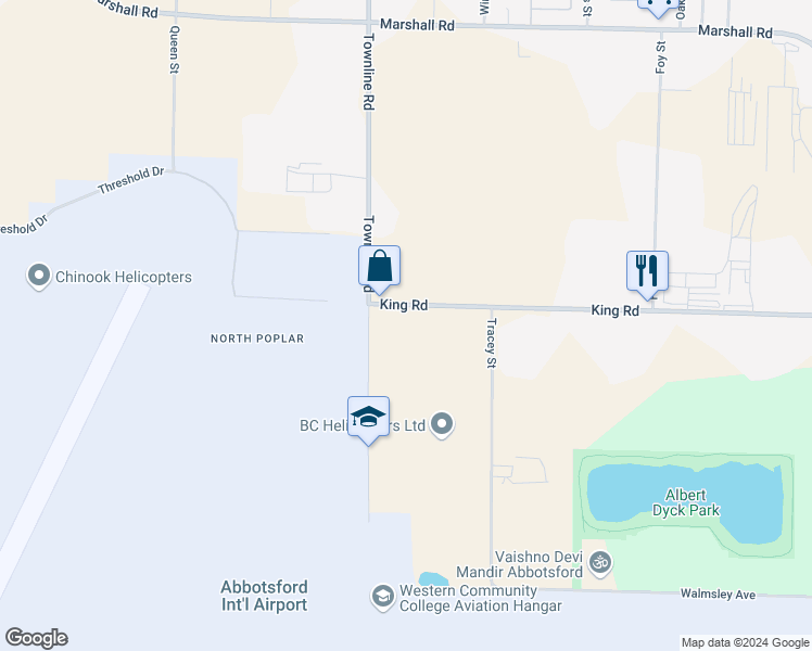 map of restaurants, bars, coffee shops, grocery stores, and more near 31250 King Road in Abbotsford