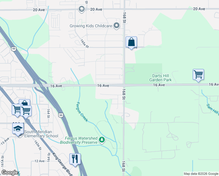 map of restaurants, bars, coffee shops, grocery stores, and more near 16730 16 Avenue in Surrey