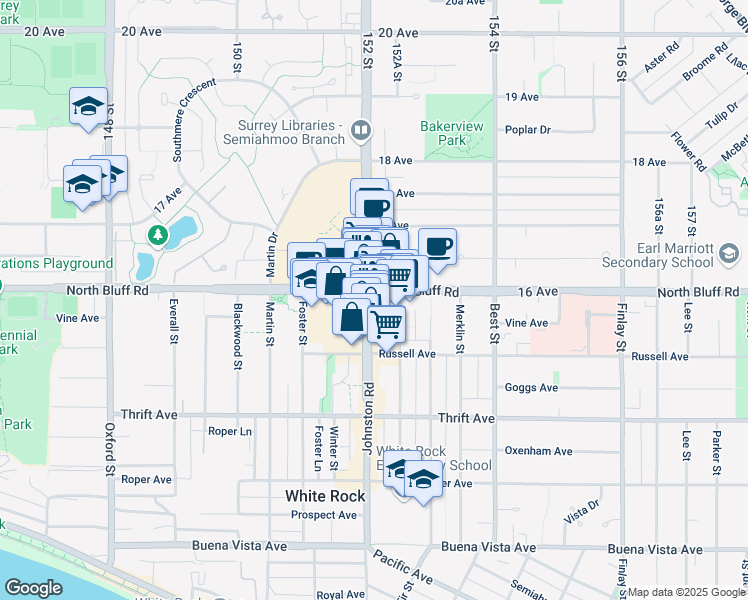 map of restaurants, bars, coffee shops, grocery stores, and more near in White Rock