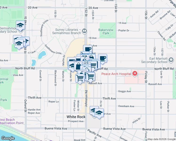 map of restaurants, bars, coffee shops, grocery stores, and more near 1588 Johnston Road in White Rock