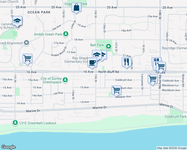 map of restaurants, bars, coffee shops, grocery stores, and more near 1579 136 Street in Surrey
