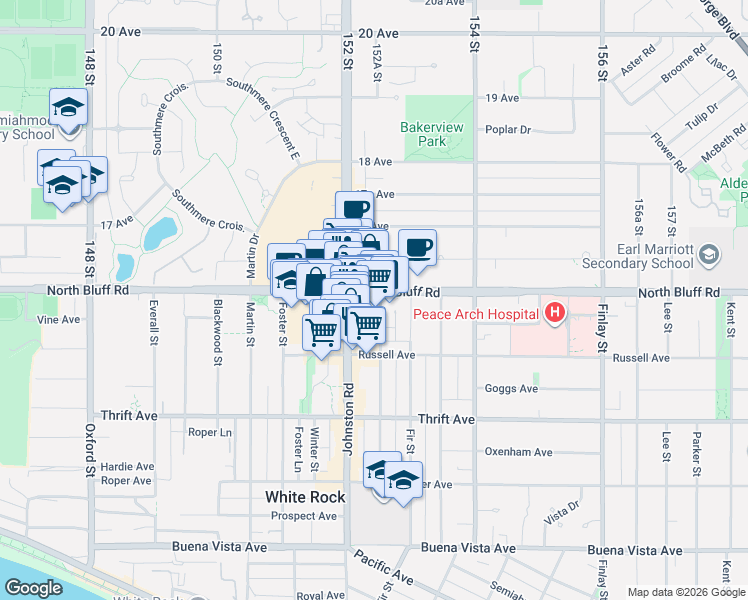 map of restaurants, bars, coffee shops, grocery stores, and more near 1589 George Street in White Rock