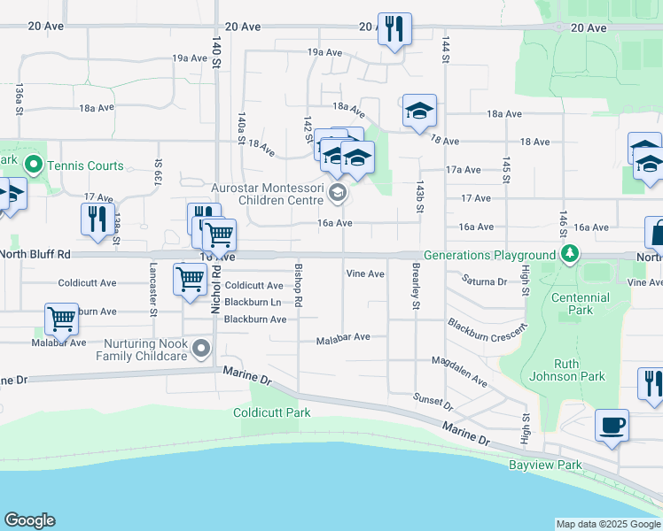 map of restaurants, bars, coffee shops, grocery stores, and more near 14204 North Bluff Road in White Rock