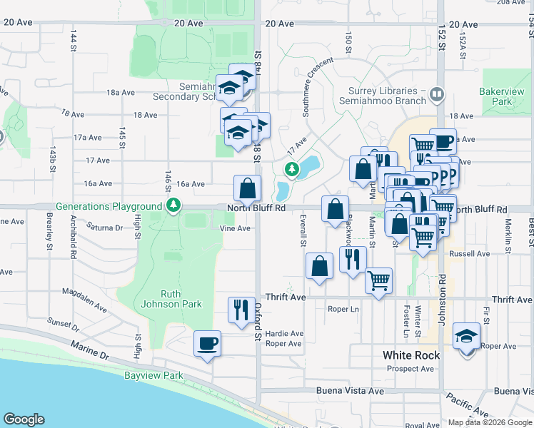 map of restaurants, bars, coffee shops, grocery stores, and more near 14834 North Bluff Road in White Rock