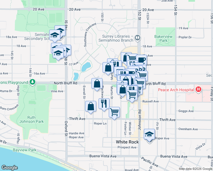 map of restaurants, bars, coffee shops, grocery stores, and more near 15020 North Bluff Road in White Rock