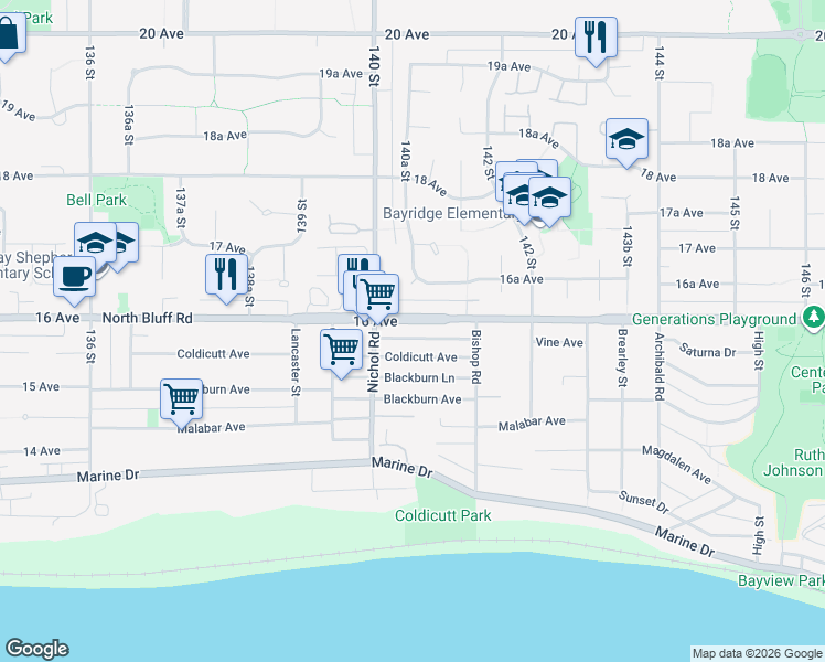map of restaurants, bars, coffee shops, grocery stores, and more near 14035 Coldicutt Avenue in White Rock