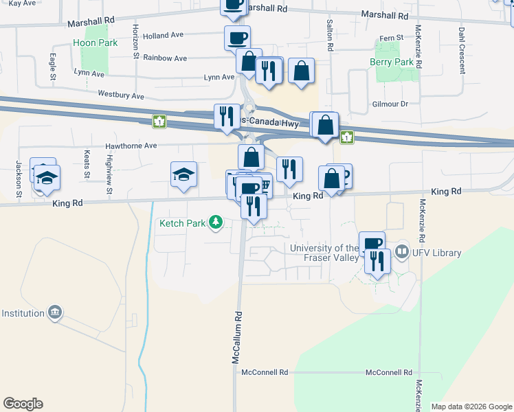 map of restaurants, bars, coffee shops, grocery stores, and more near 1520 McCallum Road in Abbotsford