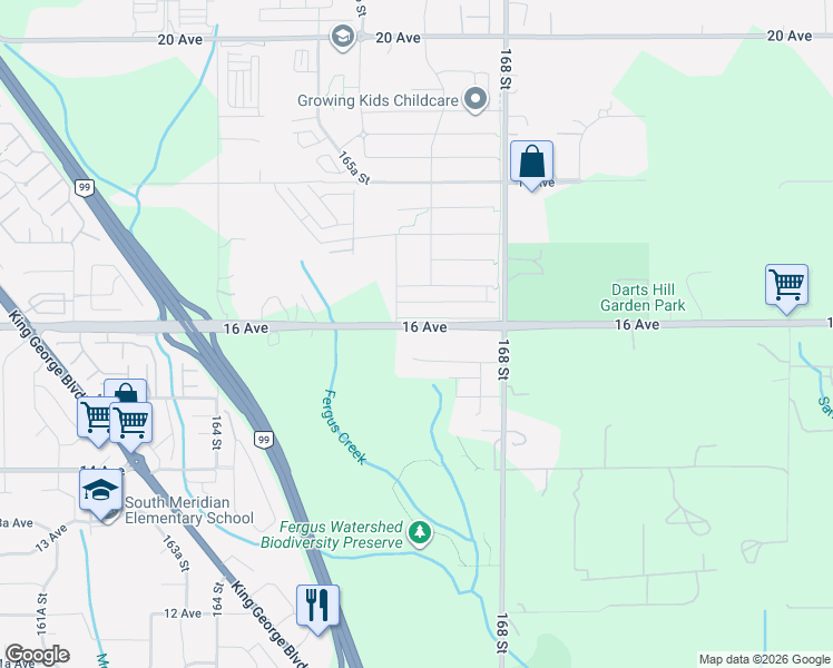 map of restaurants, bars, coffee shops, grocery stores, and more near 16678 16 Avenue in Surrey