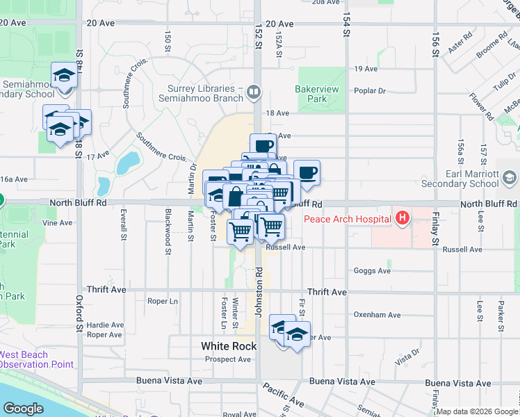 map of restaurants, bars, coffee shops, grocery stores, and more near 1588 Johnston Road in White Rock