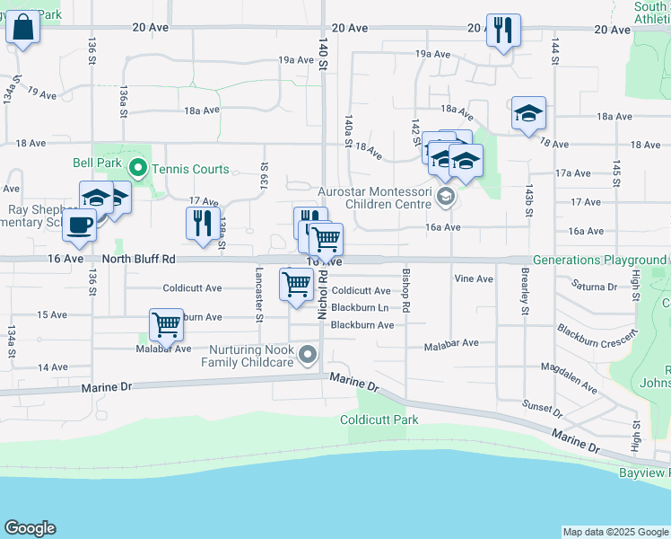 map of restaurants, bars, coffee shops, grocery stores, and more near 14035 Coldicutt Avenue in White Rock