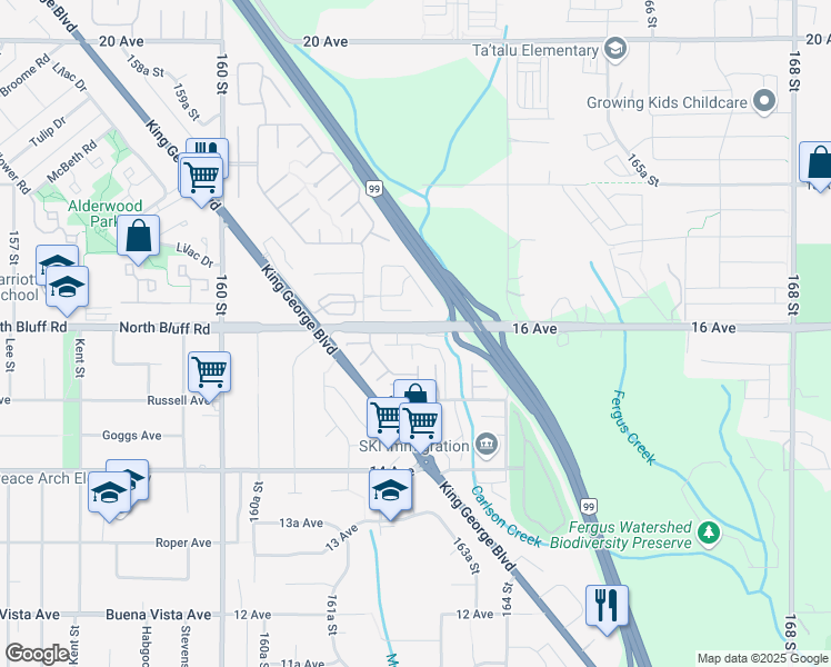 map of restaurants, bars, coffee shops, grocery stores, and more near 16270 16 Avenue in Surrey