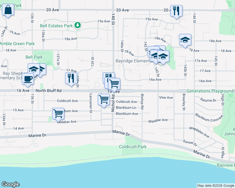 map of restaurants, bars, coffee shops, grocery stores, and more near 14035 Coldicutt Avenue in White Rock