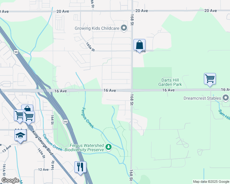 map of restaurants, bars, coffee shops, grocery stores, and more near 16722 16 Avenue in Surrey