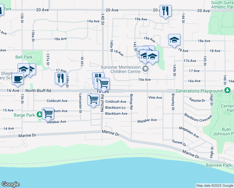 map of restaurants, bars, coffee shops, grocery stores, and more near 14078 North Bluff Road in White Rock