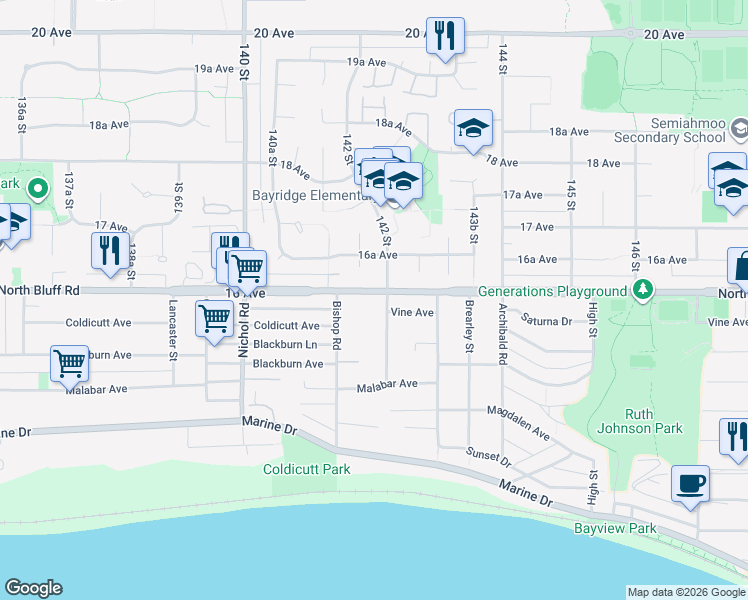 map of restaurants, bars, coffee shops, grocery stores, and more near 14204 North Bluff Road in White Rock