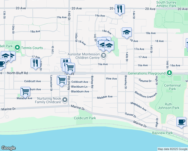map of restaurants, bars, coffee shops, grocery stores, and more near 1590 Bishop Road in White Rock
