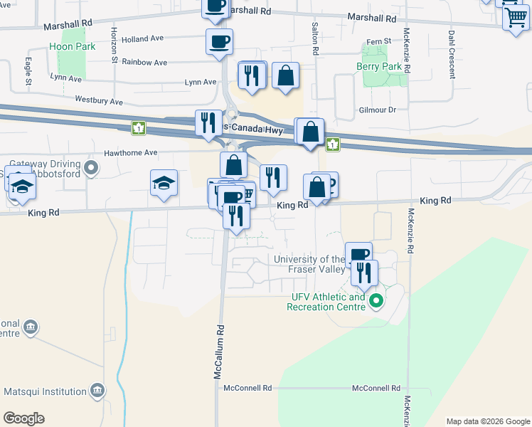 map of restaurants, bars, coffee shops, grocery stores, and more near in Abbotsford