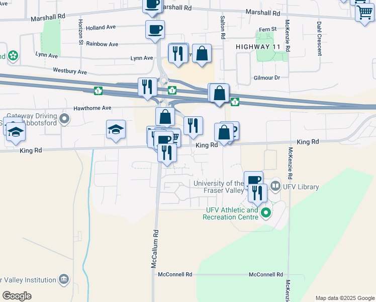 map of restaurants, bars, coffee shops, grocery stores, and more near 33688 King Road in Abbotsford