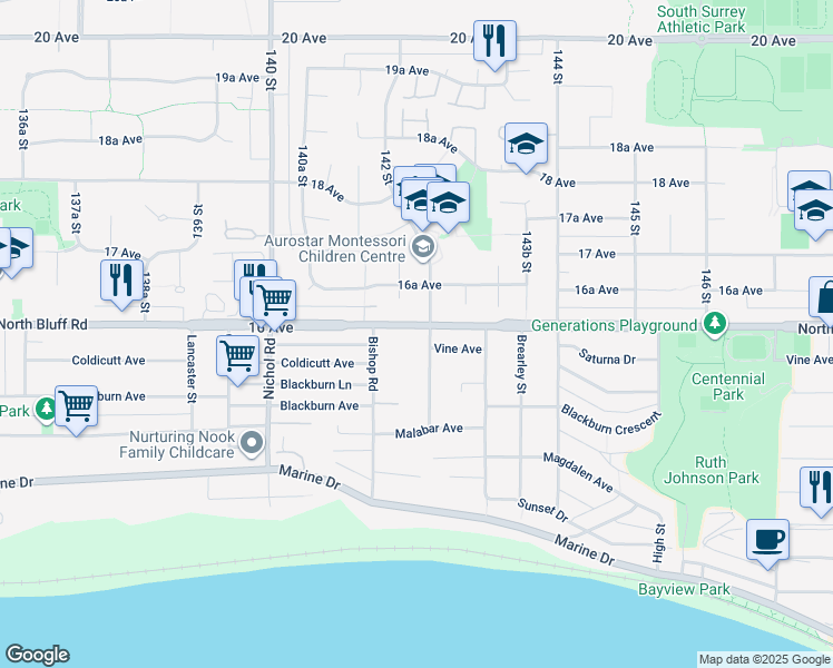 map of restaurants, bars, coffee shops, grocery stores, and more near 14206 North Bluff Road in White Rock