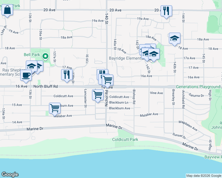 map of restaurants, bars, coffee shops, grocery stores, and more near 14035 Coldicutt Avenue in White Rock