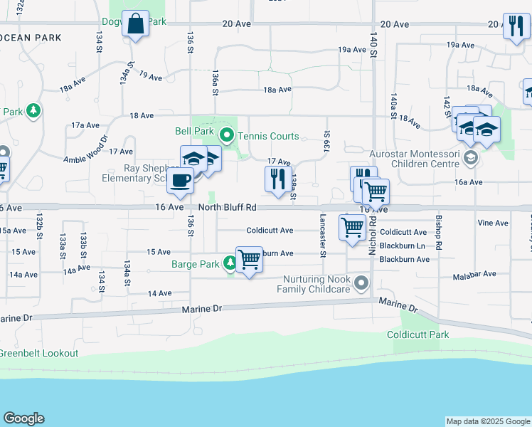 map of restaurants, bars, coffee shops, grocery stores, and more near 13766 North Bluff Road in White Rock