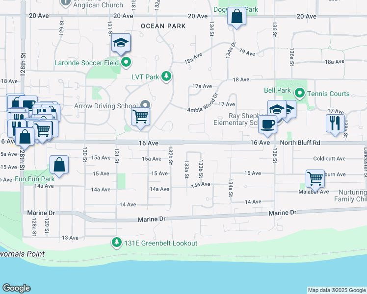 map of restaurants, bars, coffee shops, grocery stores, and more near 13317 15B Avenue in Surrey
