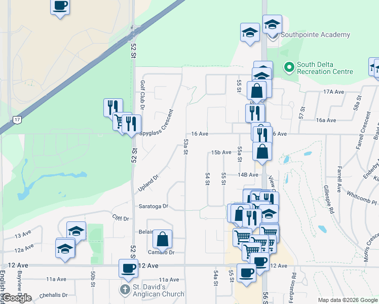 map of restaurants, bars, coffee shops, grocery stores, and more near 1546 53A Street in Delta