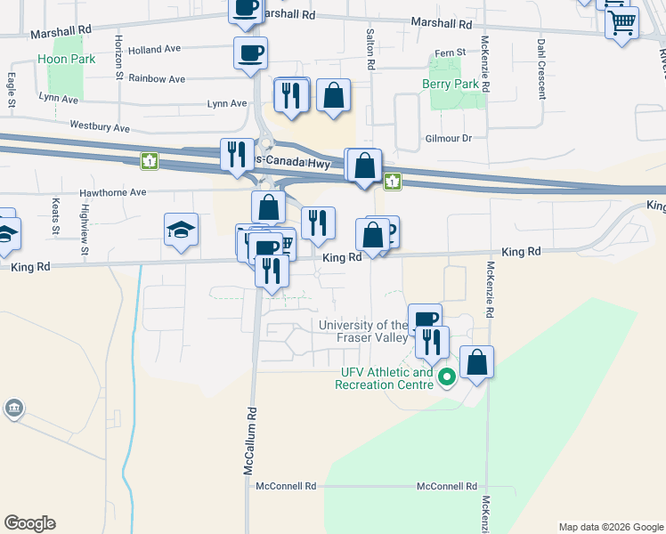 map of restaurants, bars, coffee shops, grocery stores, and more near in Abbotsford