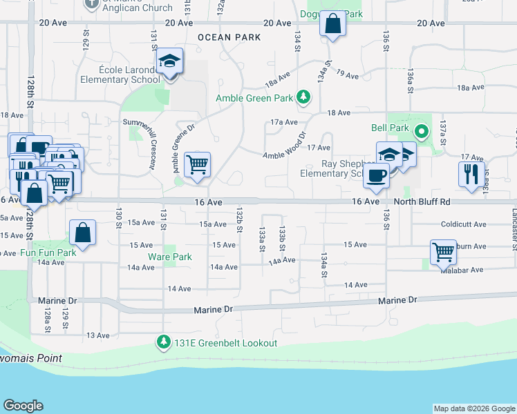 map of restaurants, bars, coffee shops, grocery stores, and more near 13317 15B Avenue in Surrey