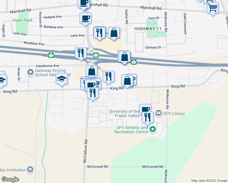 map of restaurants, bars, coffee shops, grocery stores, and more near 33738 King Road in Abbotsford