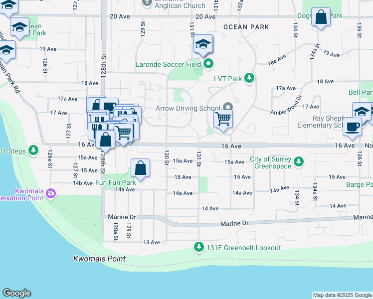 map of restaurants, bars, coffee shops, grocery stores, and more near 13060 16 Avenue in Surrey