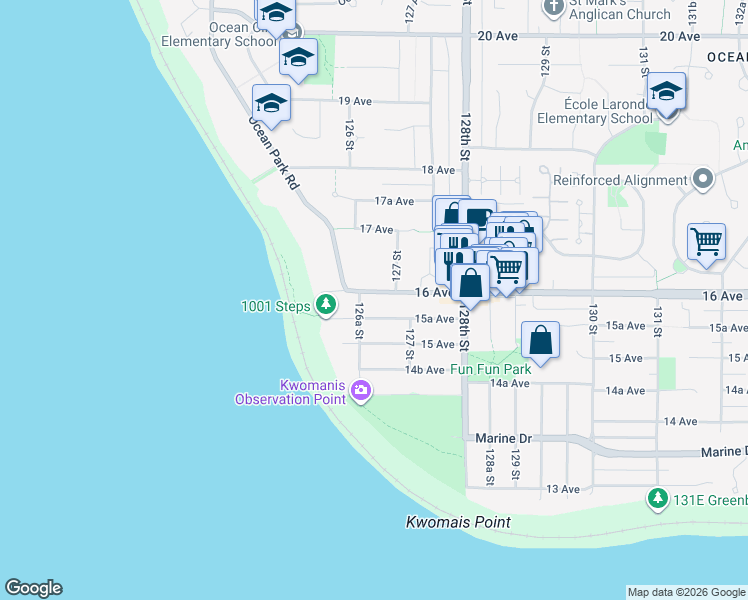 map of restaurants, bars, coffee shops, grocery stores, and more near 12652 16 Avenue in Surrey