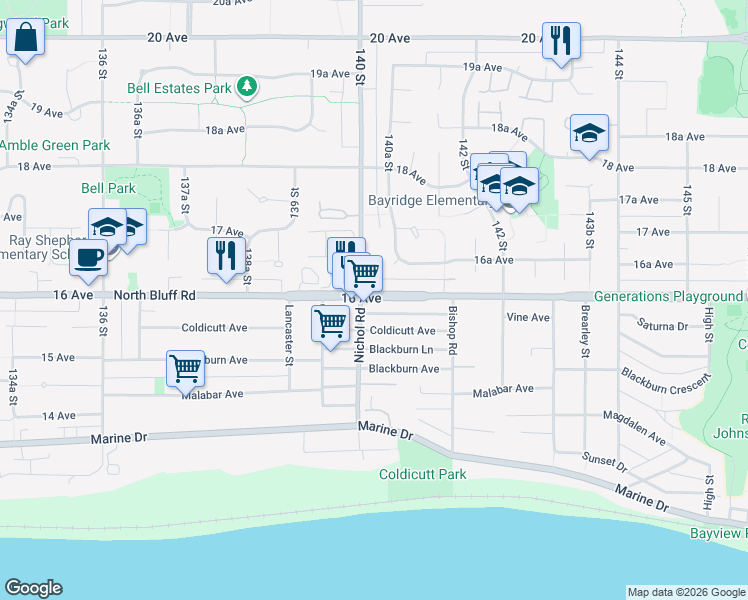 map of restaurants, bars, coffee shops, grocery stores, and more near 14035 Coldicutt Avenue in White Rock