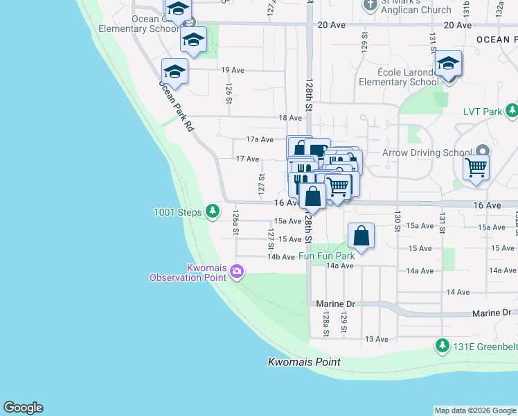 map of restaurants, bars, coffee shops, grocery stores, and more near 12680 16 Avenue in Surrey