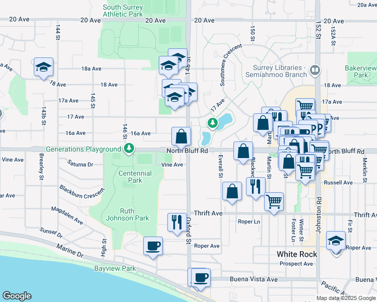 map of restaurants, bars, coffee shops, grocery stores, and more near 14800 16 Avenue in Surrey