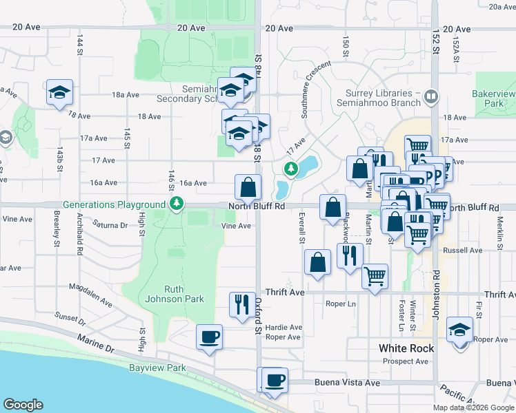 map of restaurants, bars, coffee shops, grocery stores, and more near 14800 16 Avenue in Surrey