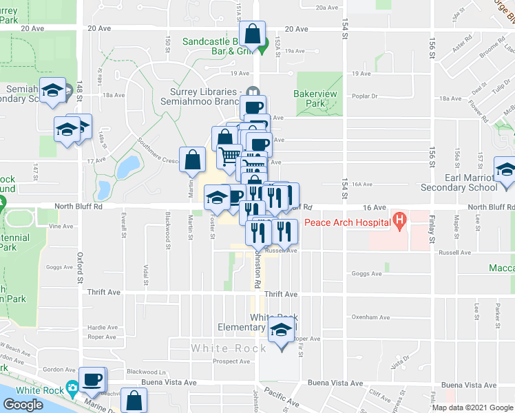 map of restaurants, bars, coffee shops, grocery stores, and more near 152 Street in Greater Vancouver