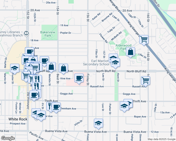 map of restaurants, bars, coffee shops, grocery stores, and more near 1128 156 Street in Surrey